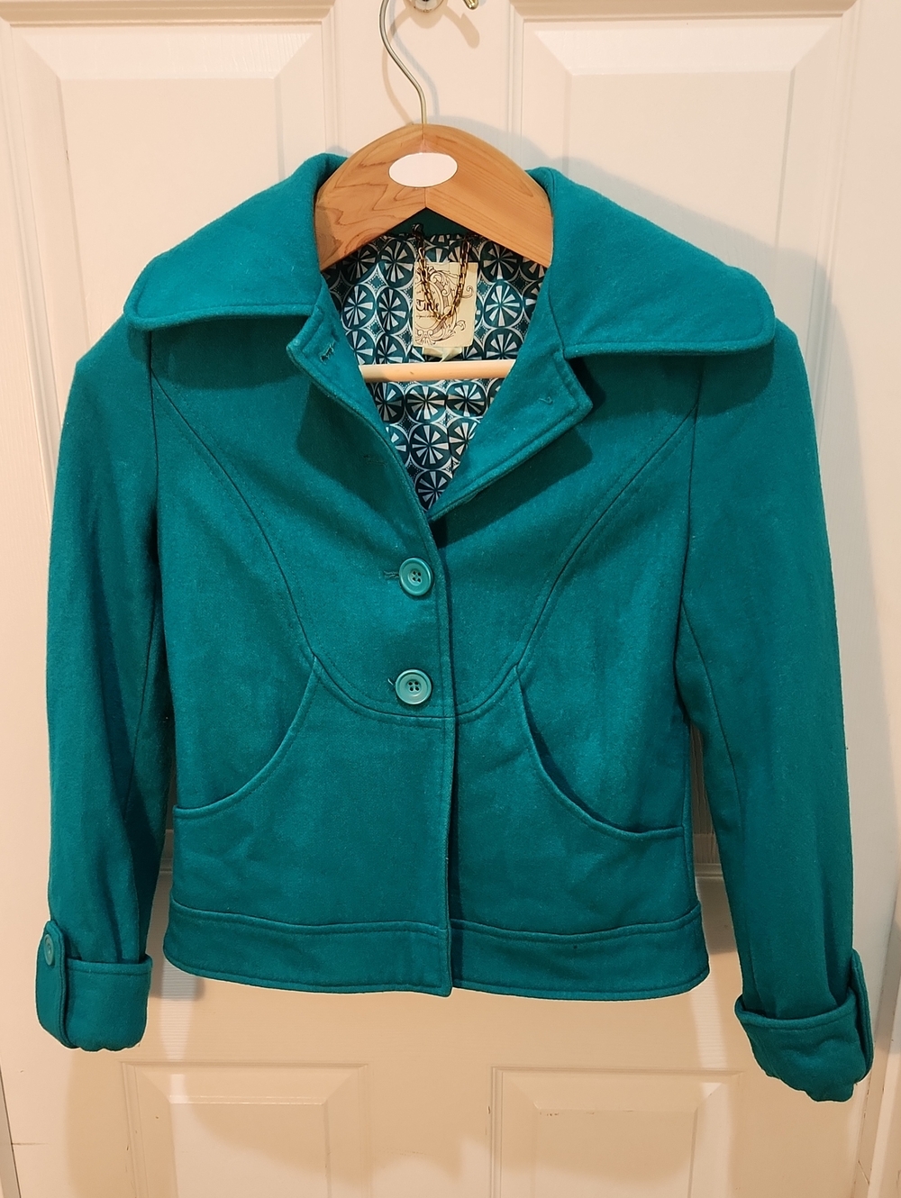 Tulle Anthropologie Teal Button-Front Wool Blend Jacket
